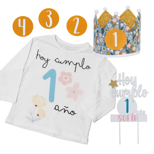 PACK CORONA + CAMISETA + TOPPER CUMPLEAÑOS ·PRIMAVERA· - Happy Moments Baby