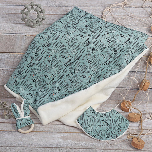 PACK NEWBORN: BANDANA MORDEDOR Y MANTA ·DINOSAURIOS· - Happy Moments Baby