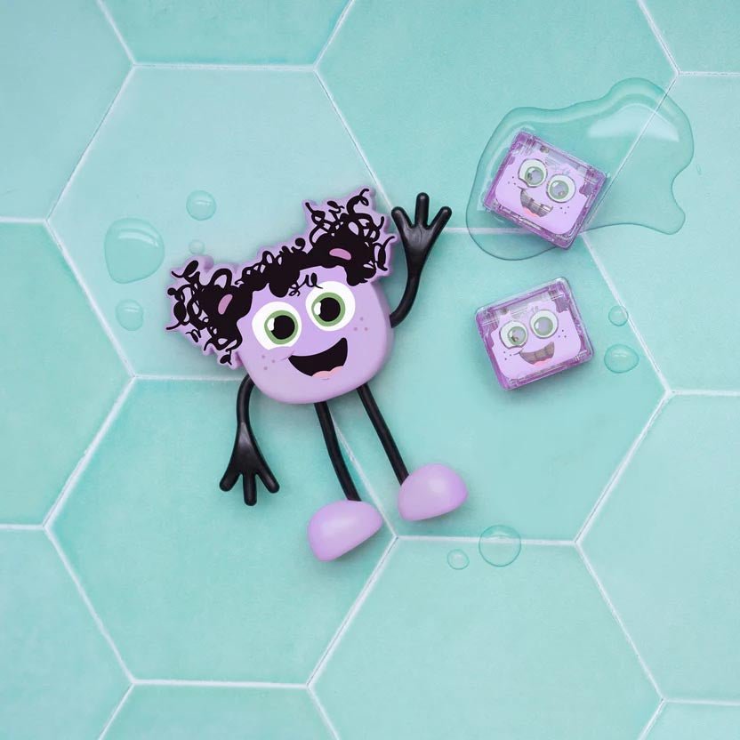 PERSONAJE Y 2 CUBOS DE LUZ PARA EL BAÑO GLOPALS ·LUMI LILA· - Happy Moments Baby