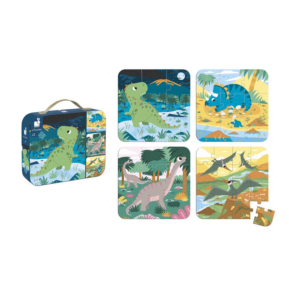 PUZZLE JANOD +3 AÑOS ·SET 4 PUZLES EDUCATIVOS DINOSAURIOS· - Happy Moments Baby